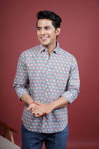GREY COTTON COLLAR NECK FLORAL BOOTI PRINT SHIRT FOR MEN'S