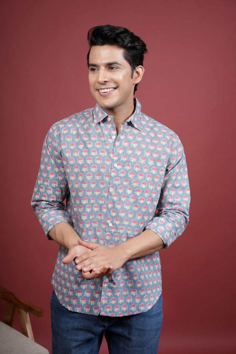 GREY COTTON COLLAR NECK FLORAL BOOTI PRINT SHIRT FOR MEN'S