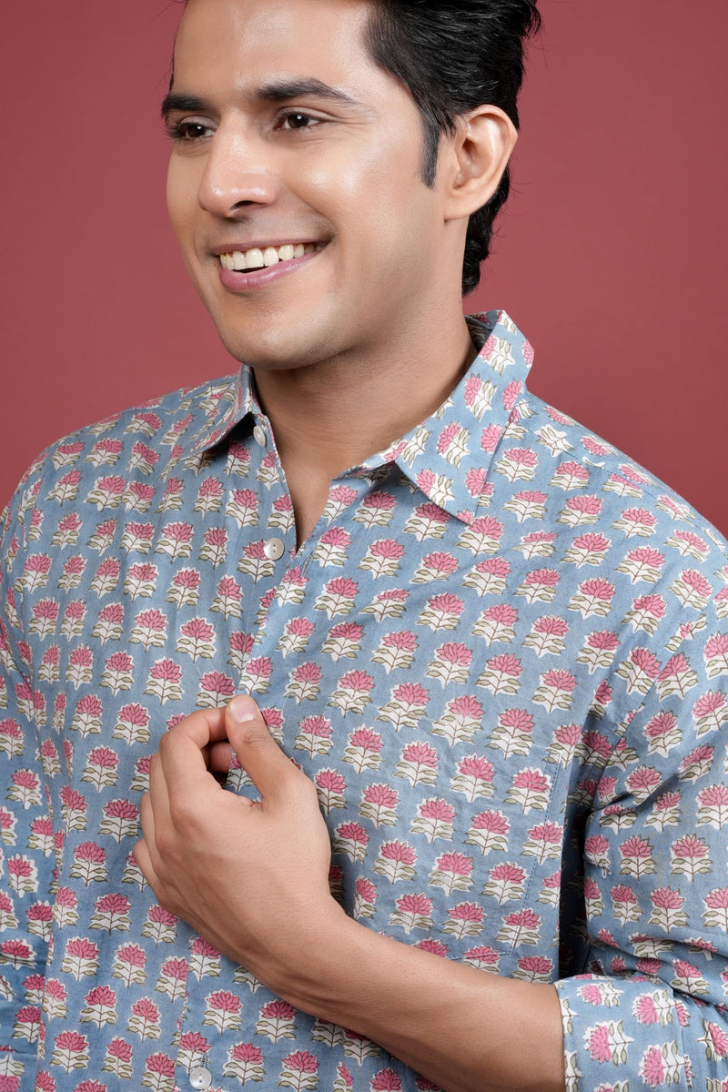 GREY COTTON COLLAR NECK FLORAL BOOTI PRINT SHIRT FOR MEN'S