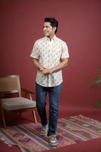 CREAM COTTON COLLAR NECK GIRAFFE PRINT SHIRT FOR MEN'S