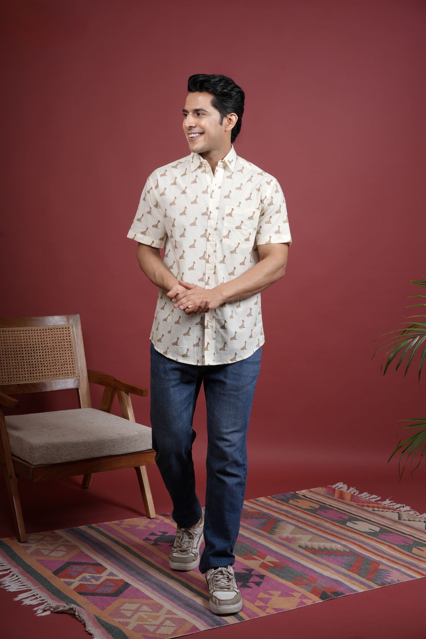 CREAM COTTON COLLAR NECK GIRAFFE PRINT SHIRT FOR MEN'S