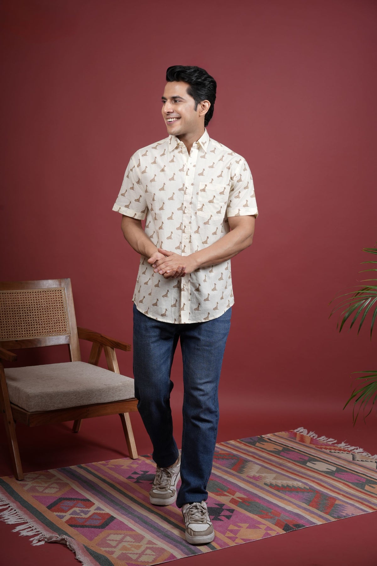 CREAM COTTON COLLAR NECK GIRAFFE PRINT SHIRT FOR MEN'S