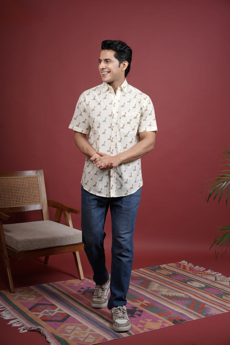 CREAM COTTON COLLAR NECK GIRAFFE PRINT SHIRT FOR MEN'S