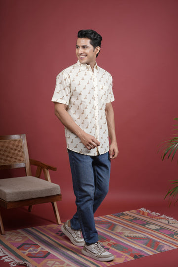 CREAM COTTON COLLAR NECK GIRAFFE PRINT SHIRT FOR MEN'S