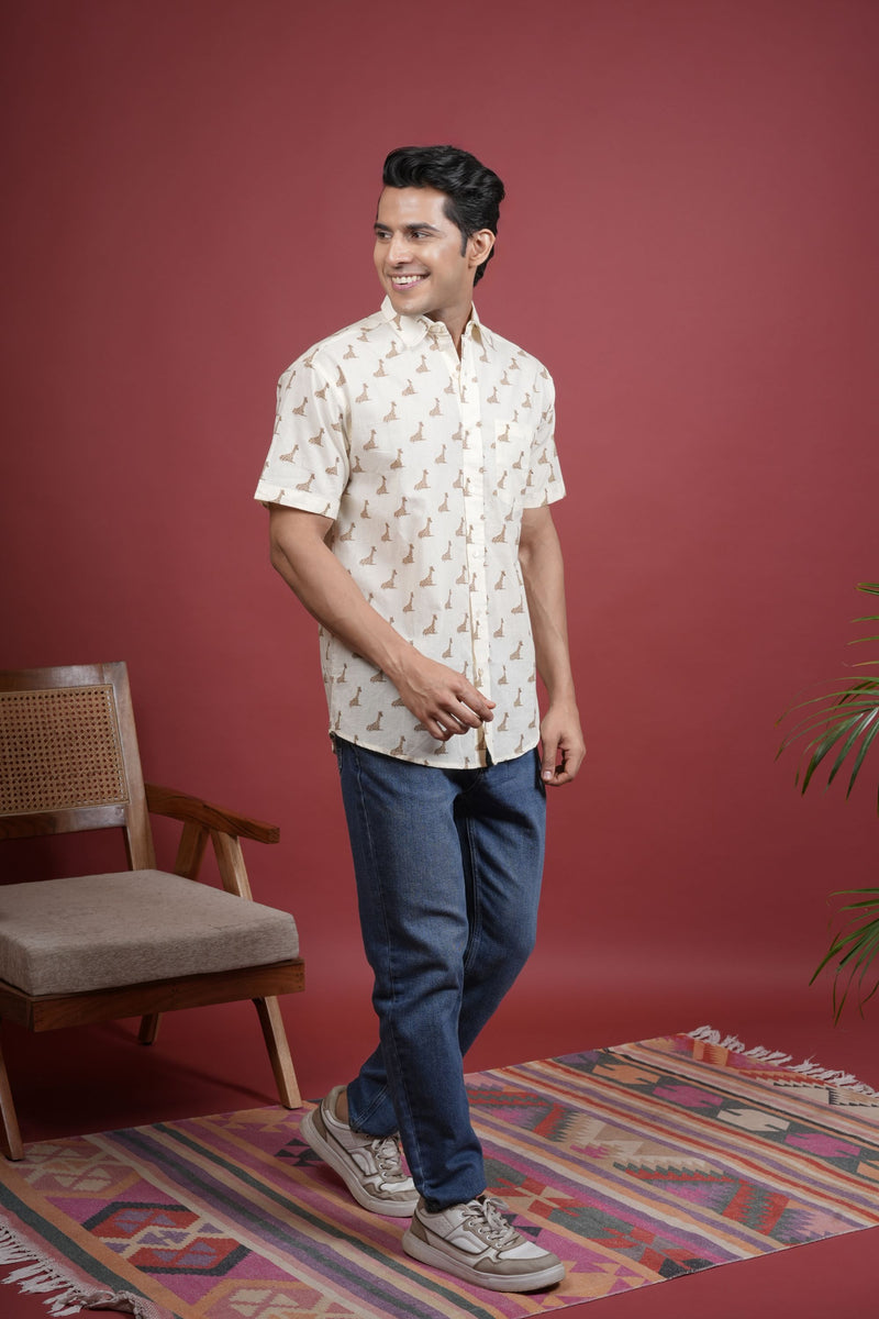 CREAM COTTON COLLAR NECK GIRAFFE PRINT SHIRT FOR MEN'S