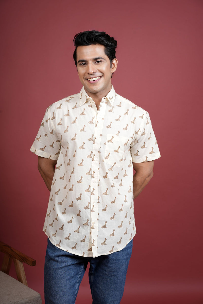 CREAM COTTON COLLAR NECK GIRAFFE PRINT SHIRT FOR MEN'S