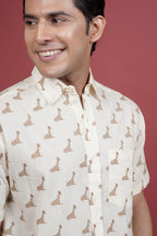 CREAM COTTON COLLAR NECK GIRAFFE PRINT SHIRT FOR MEN'S