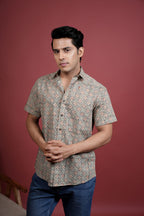 OFF WHITE WITH MULTICOLORED COTTON COLLAR NECK HANDBLOCK SHIRT FOR MEN'S