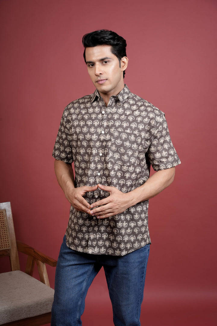 BROWN COTTON COLLAR NECK FLORAL PRINT SHIRT FOR MEN'S