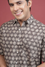 Brown Cotton Collar Neck Printed Shirt For Men's