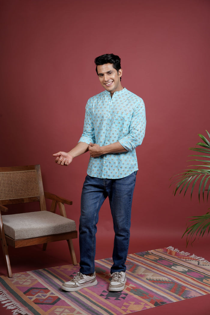 BLUE COTTON CHINESE HANDBLOCK SHIRT FOR MEN'S