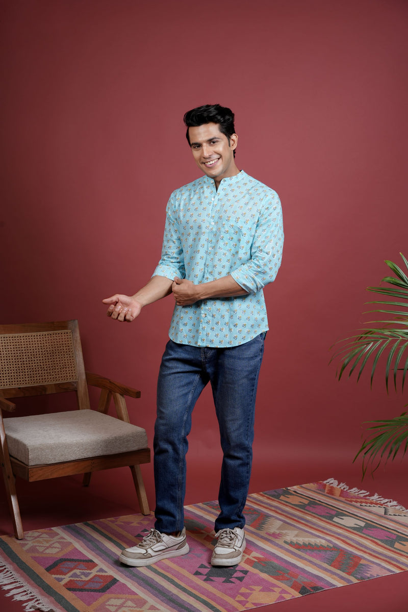 BLUE COTTON CHINESE HANDBLOCK SHIRT FOR MEN'S