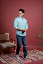 BLUE COTTON CHINESE HANDBLOCK SHIRT FOR MEN'S