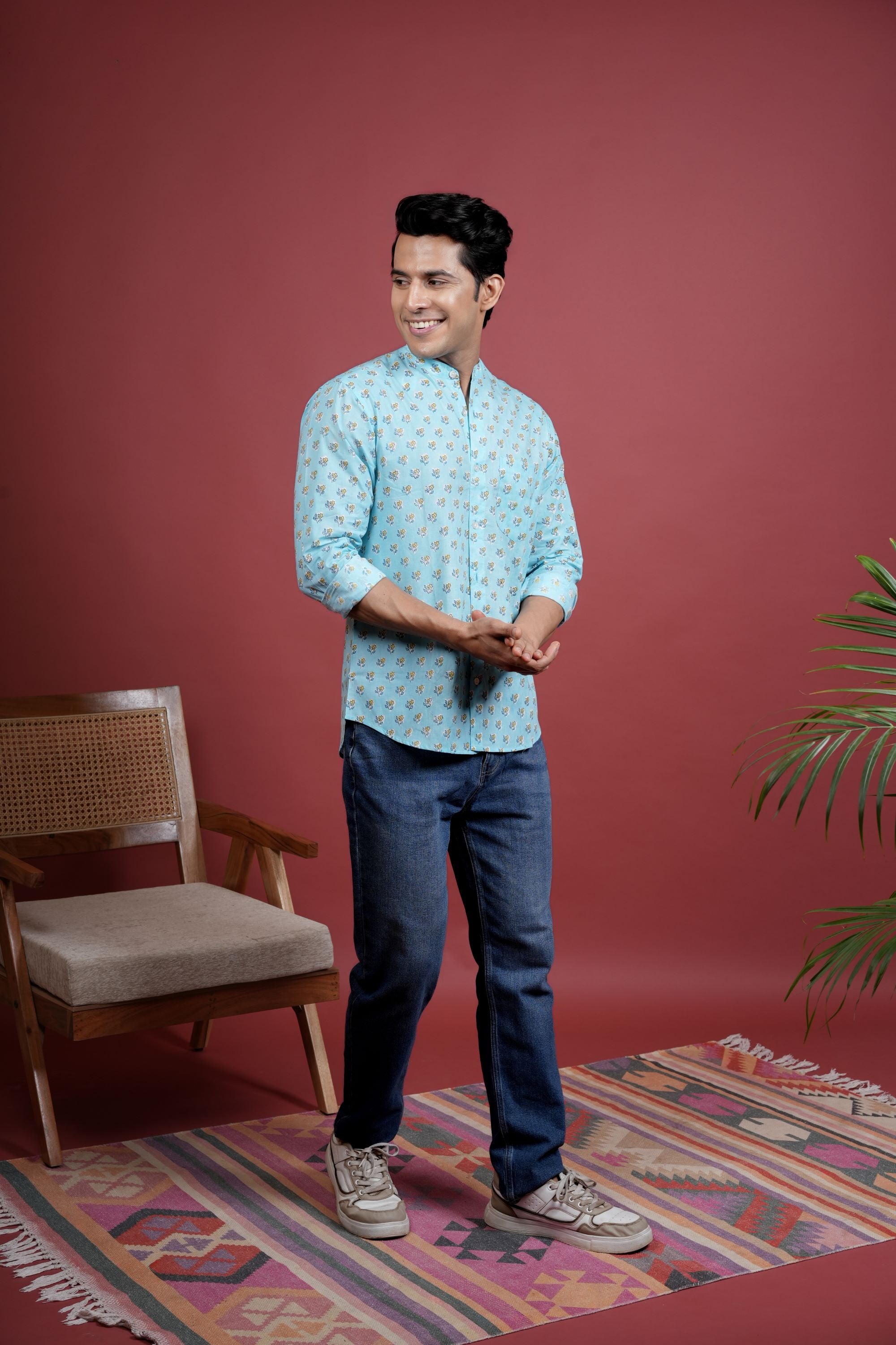 BLUE COTTON CHINESE HANDBLOCK SHIRT FOR MEN'S
