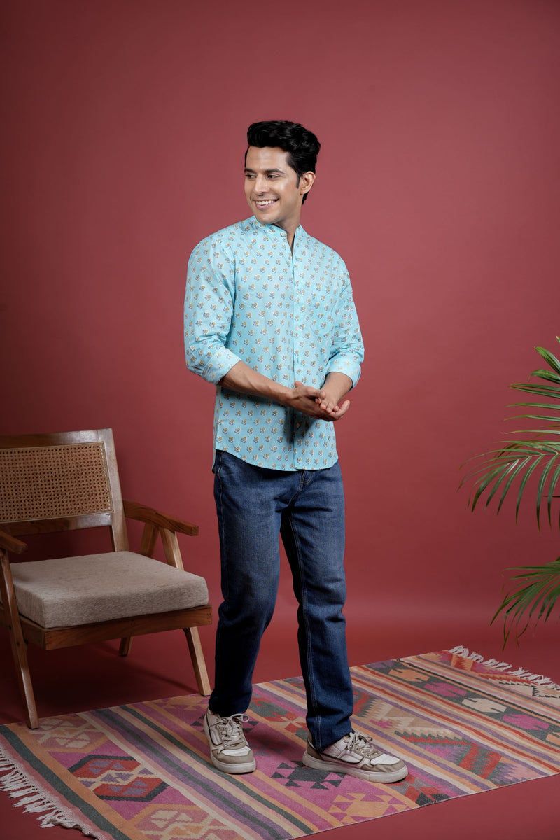 BLUE COTTON CHINESE HANDBLOCK SHIRT FOR MEN'S