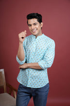 BLUE COTTON CHINESE HANDBLOCK SHIRT FOR MEN'S