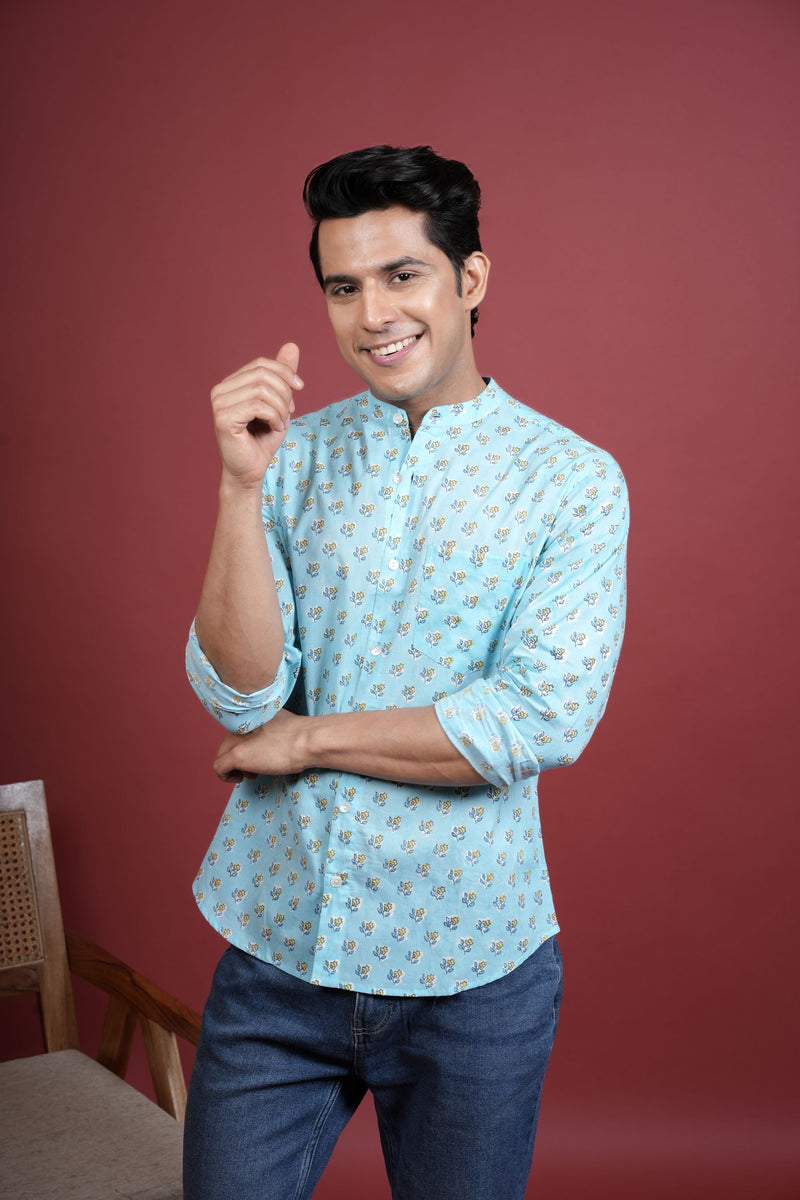 BLUE COTTON CHINESE HANDBLOCK SHIRT FOR MEN'S