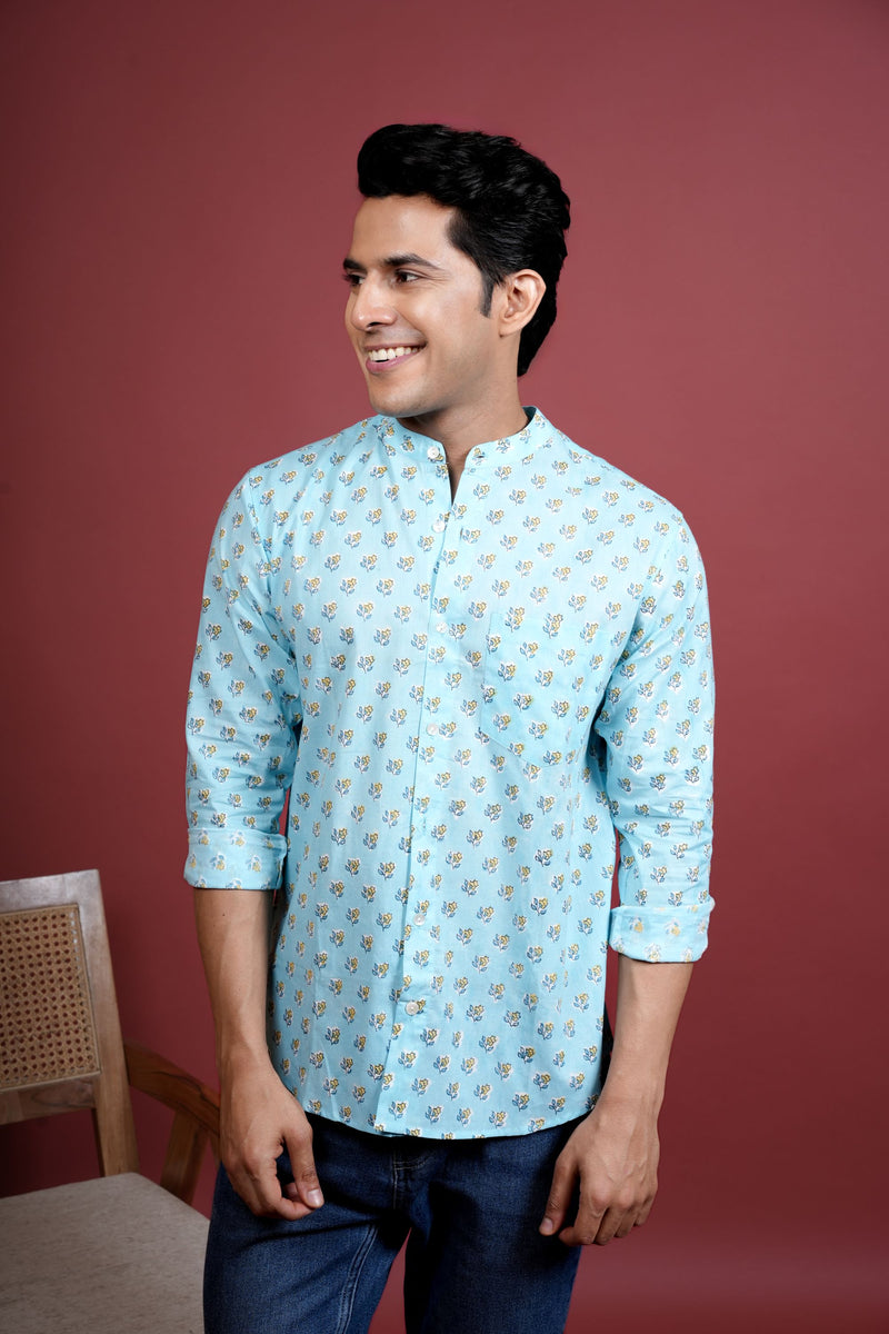 BLUE COTTON CHINESE HANDBLOCK SHIRT FOR MEN'S