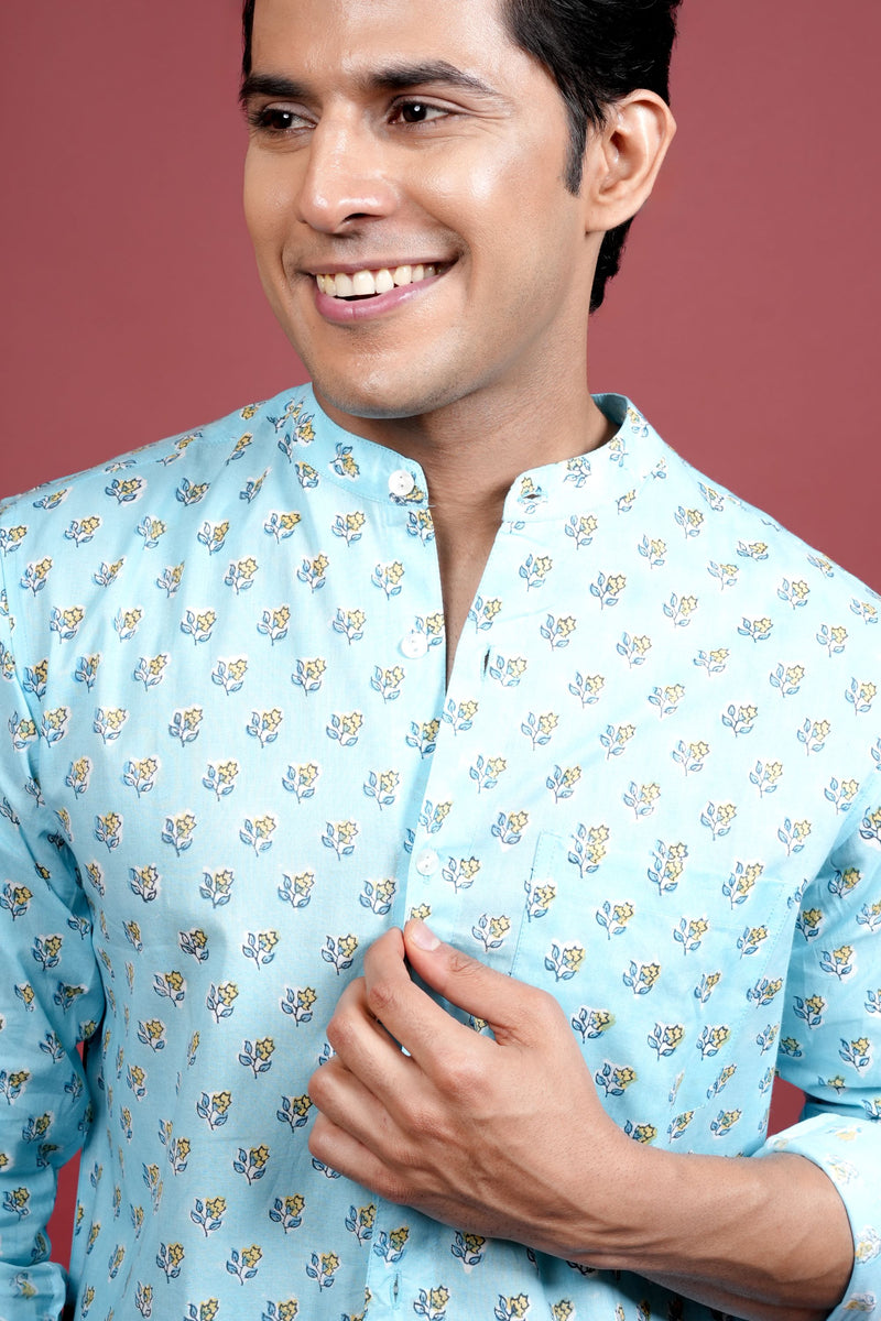 BLUE COTTON CHINESE HANDBLOCK SHIRT FOR MEN'S