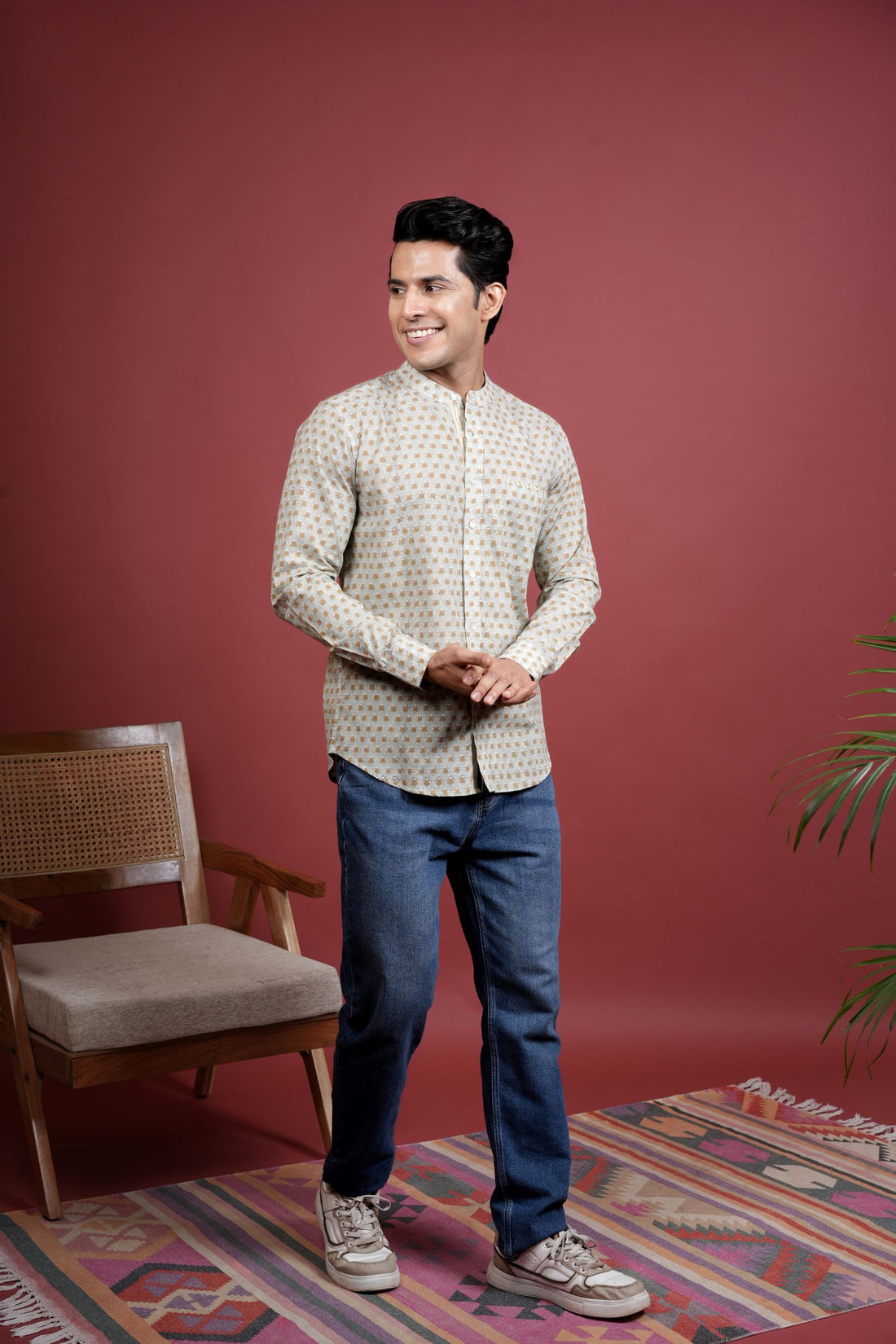 Pista Green Chinese Collar Handblock Printed Shirt For Men's