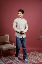 Pista Green Chinese Collar Handblock Printed Shirt For Men's
