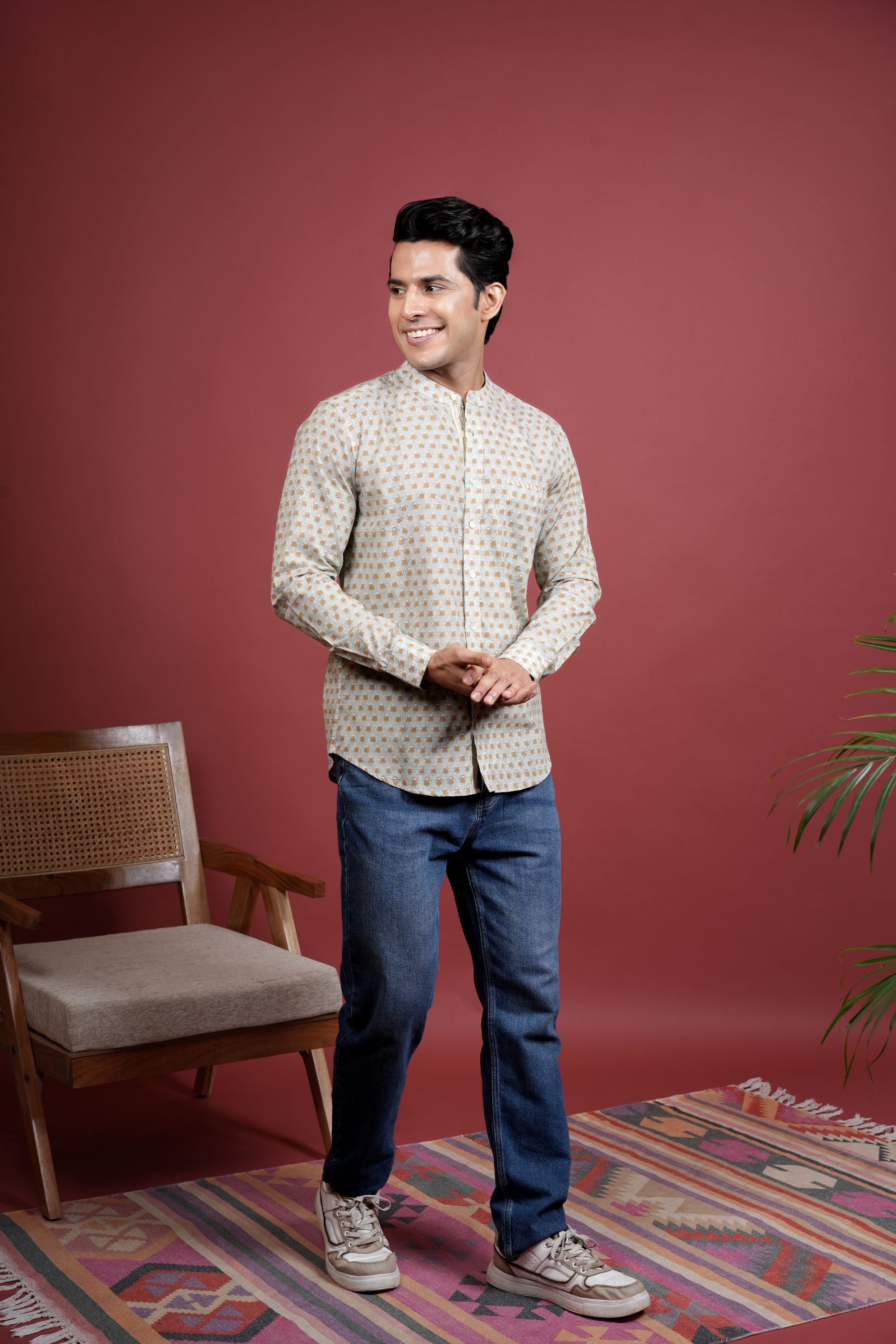 Pista Green Chinese Collar Handblock Printed Shirt For Men's