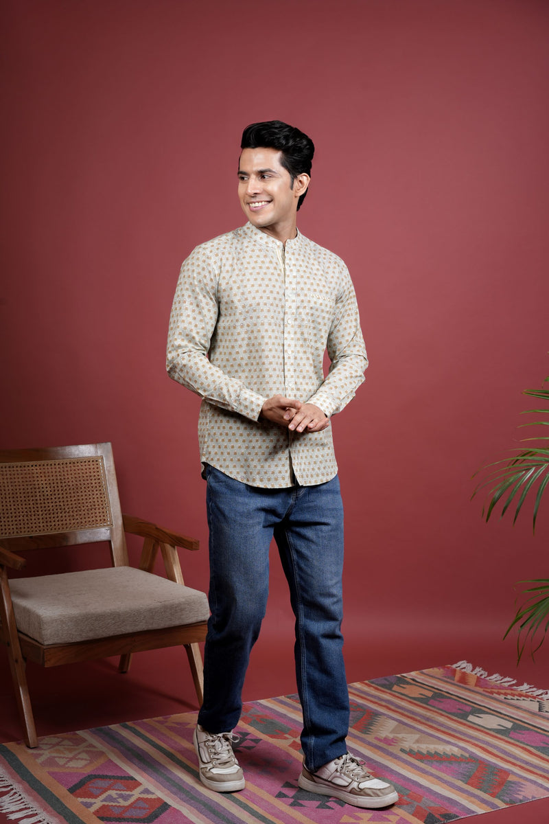 Pista Green Chinese Collar Handblock Printed Shirt For Men's