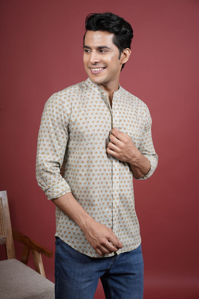 Pista Green Chinese Collar Handblock Printed Shirt For Men's