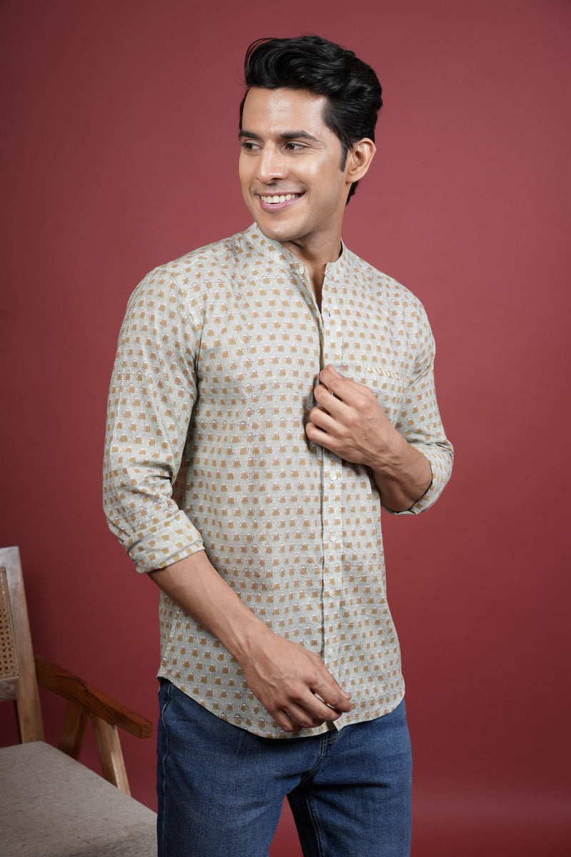 Pista Green Chinese Collar Handblock Printed Shirt For Men's