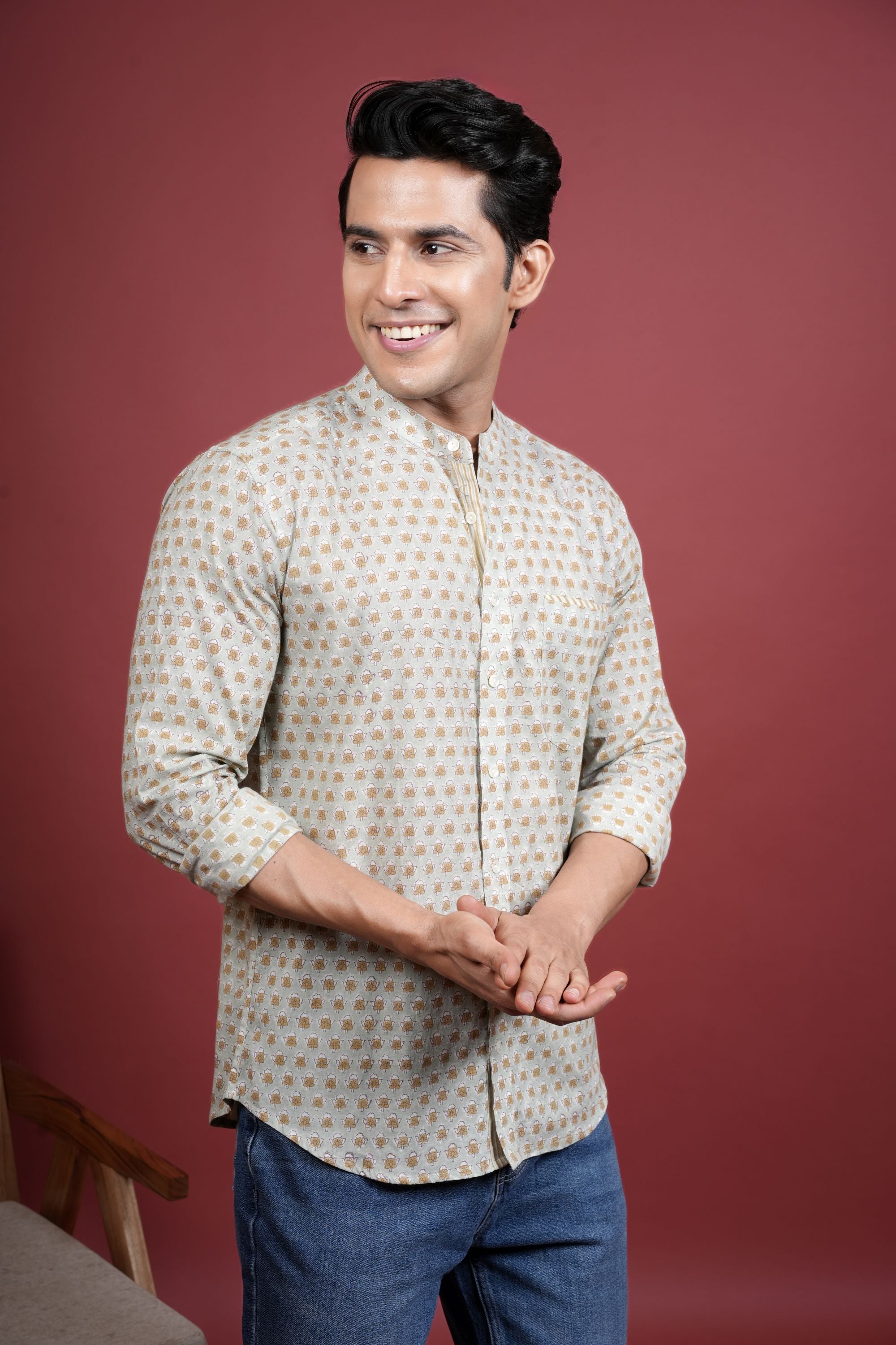 Pista Green Chinese Collar Handblock Printed Shirt For Men's