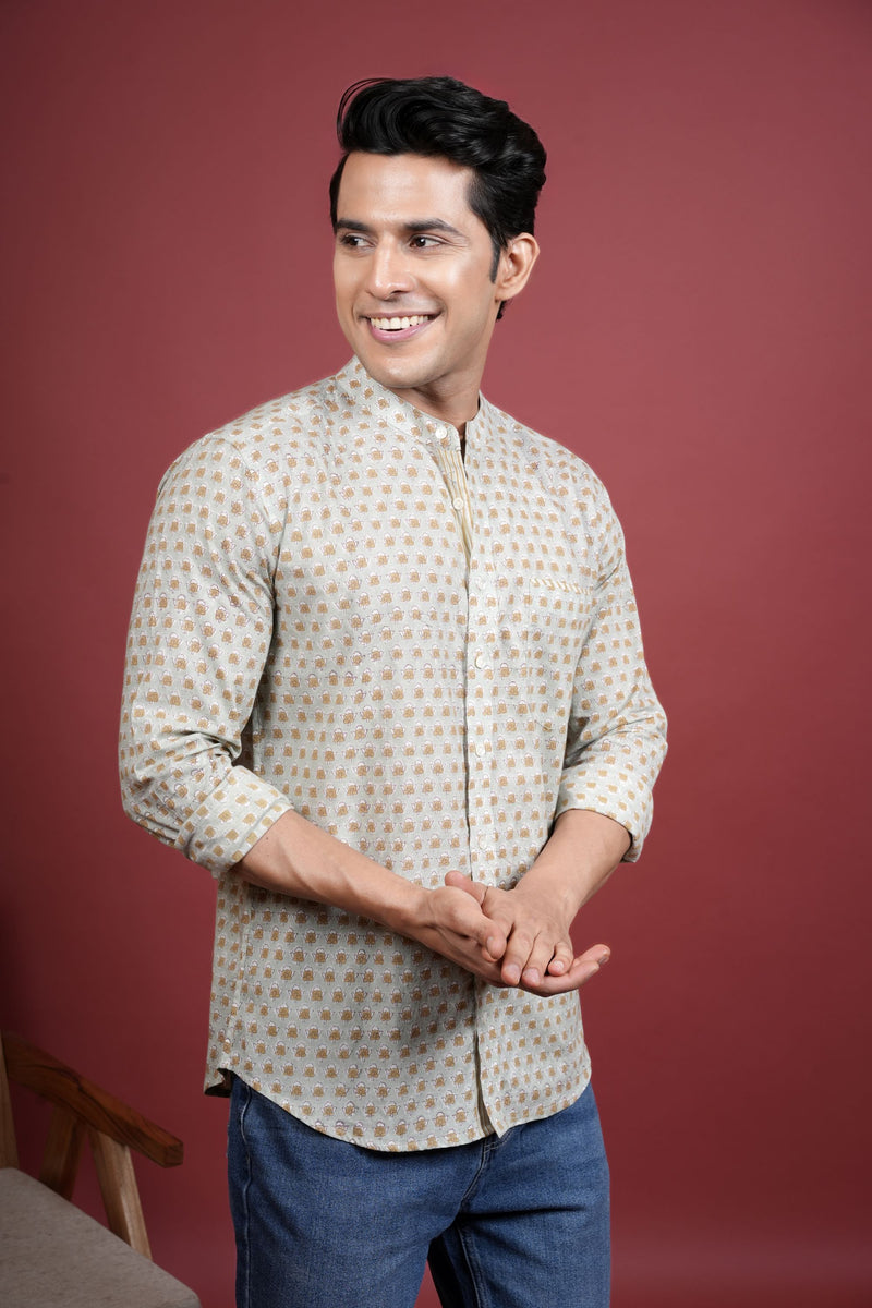 Pista Green Chinese Collar Handblock Printed Shirt For Men's