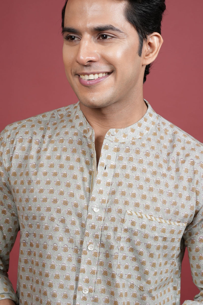 Pista Green Chinese Collar Handblock Printed Shirt For Men's