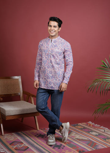 MULTICOLORED Chinese collar HANDBLOCK SHIRT FOR MEN'S