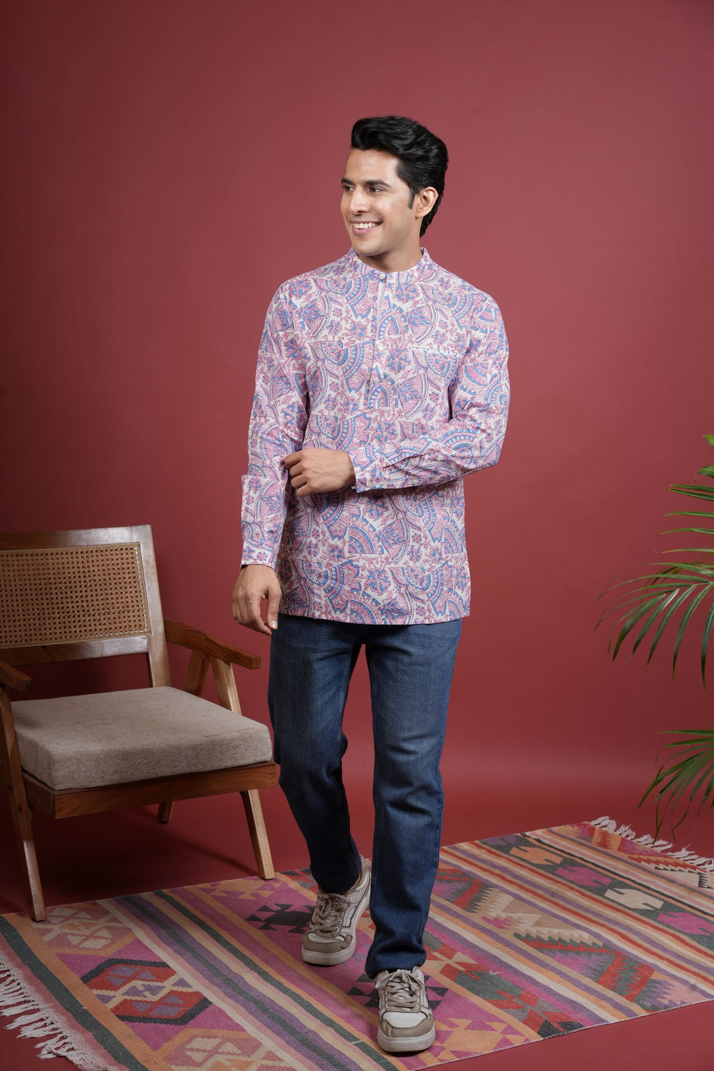 MULTICOLORED Chinese collar HANDBLOCK SHIRT FOR MEN'S