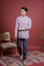 MULTICOLORED Chinese collar HANDBLOCK SHIRT FOR MEN'S