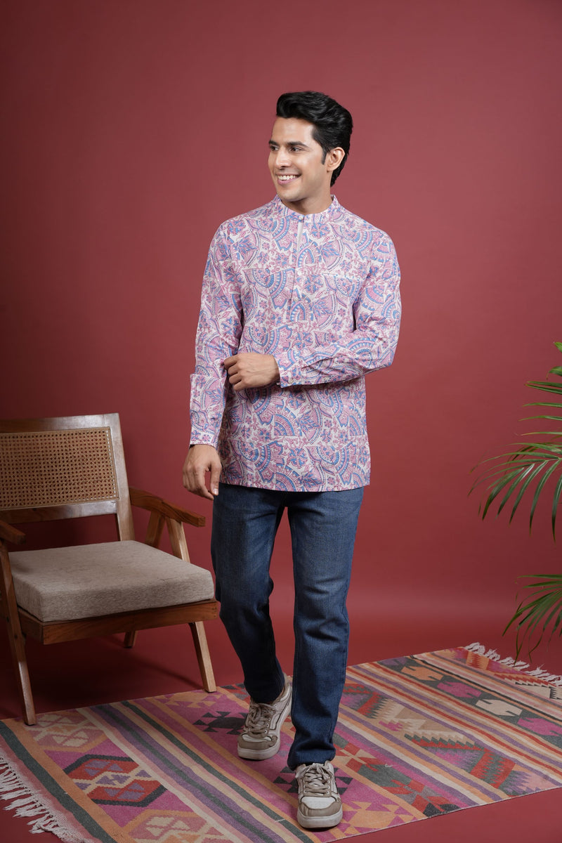 MULTICOLORED Chinese collar HANDBLOCK SHIRT FOR MEN'S