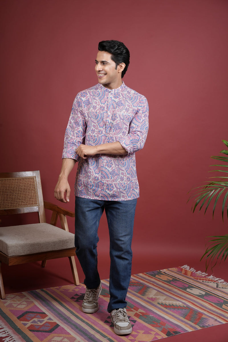 MULTICOLORED Chinese collar HANDBLOCK SHIRT FOR MEN'S