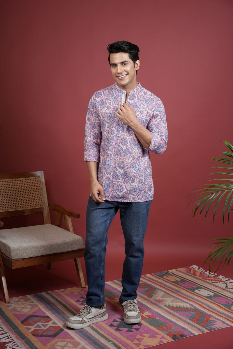 MULTICOLORED Chinese collar HANDBLOCK SHIRT FOR MEN'S