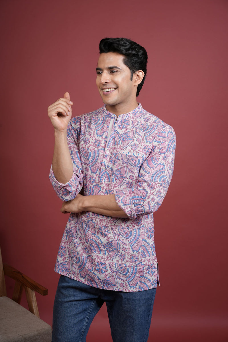 MULTICOLORED Chinese collar HANDBLOCK SHIRT FOR MEN'S