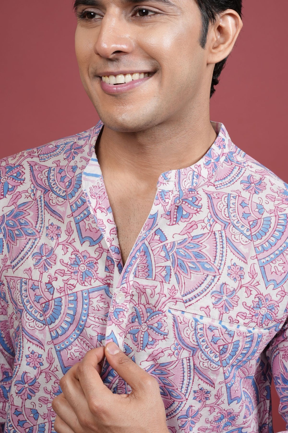 MULTICOLORED Chinese collar HANDBLOCK SHIRT FOR MEN'S