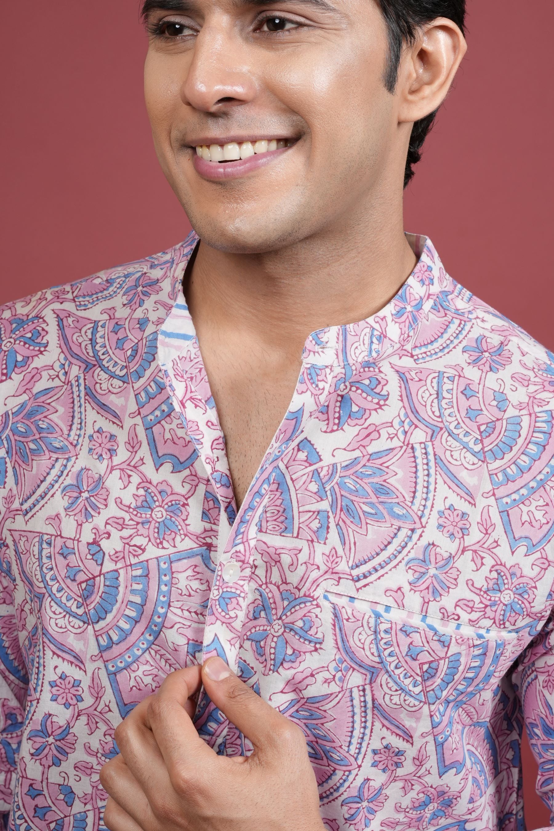 MULTICOLORED Chinese collar HANDBLOCK SHIRT FOR MEN'S