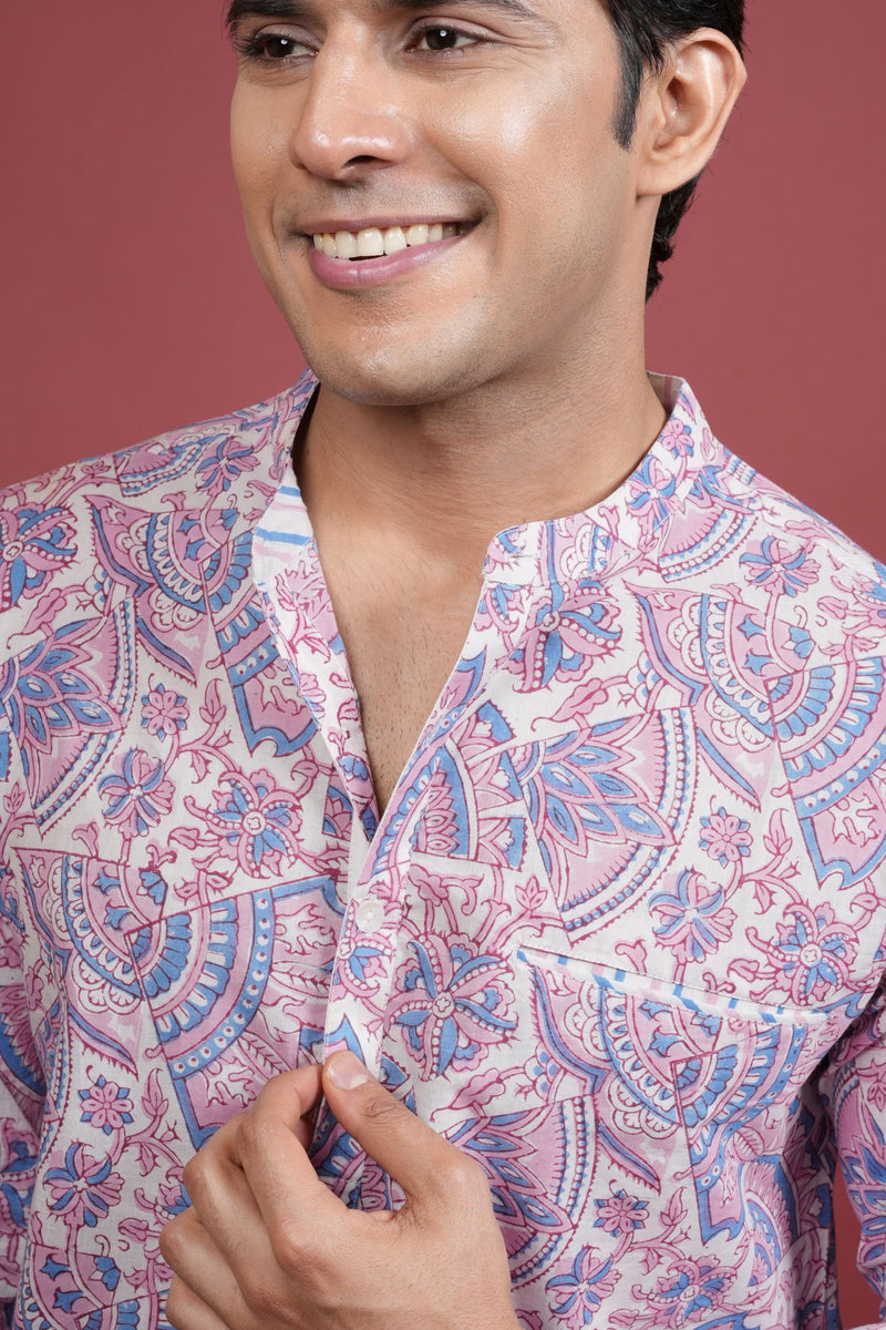 MULTICOLORED Chinese collar HANDBLOCK SHIRT FOR MEN'S