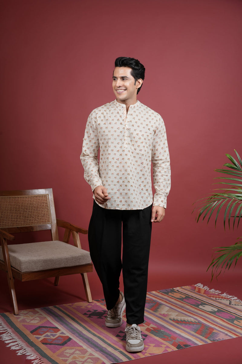CREAM COTTON CHINESE HANDBLOCK SHIRT FOR MEN'S