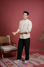 CREAM COTTON CHINESE HANDBLOCK SHIRT FOR MEN'S