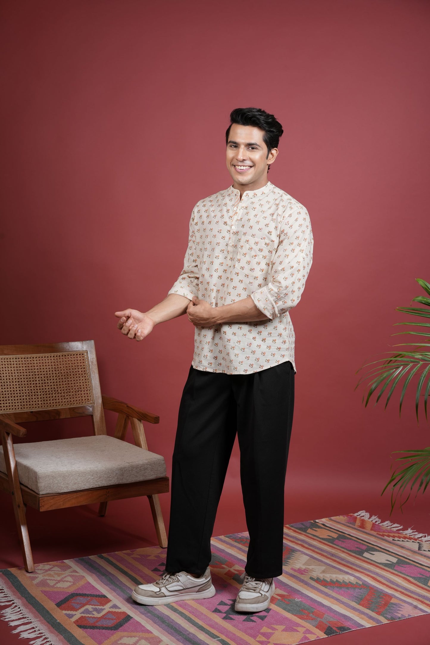 CREAM COTTON CHINESE HANDBLOCK SHIRT FOR MEN'S