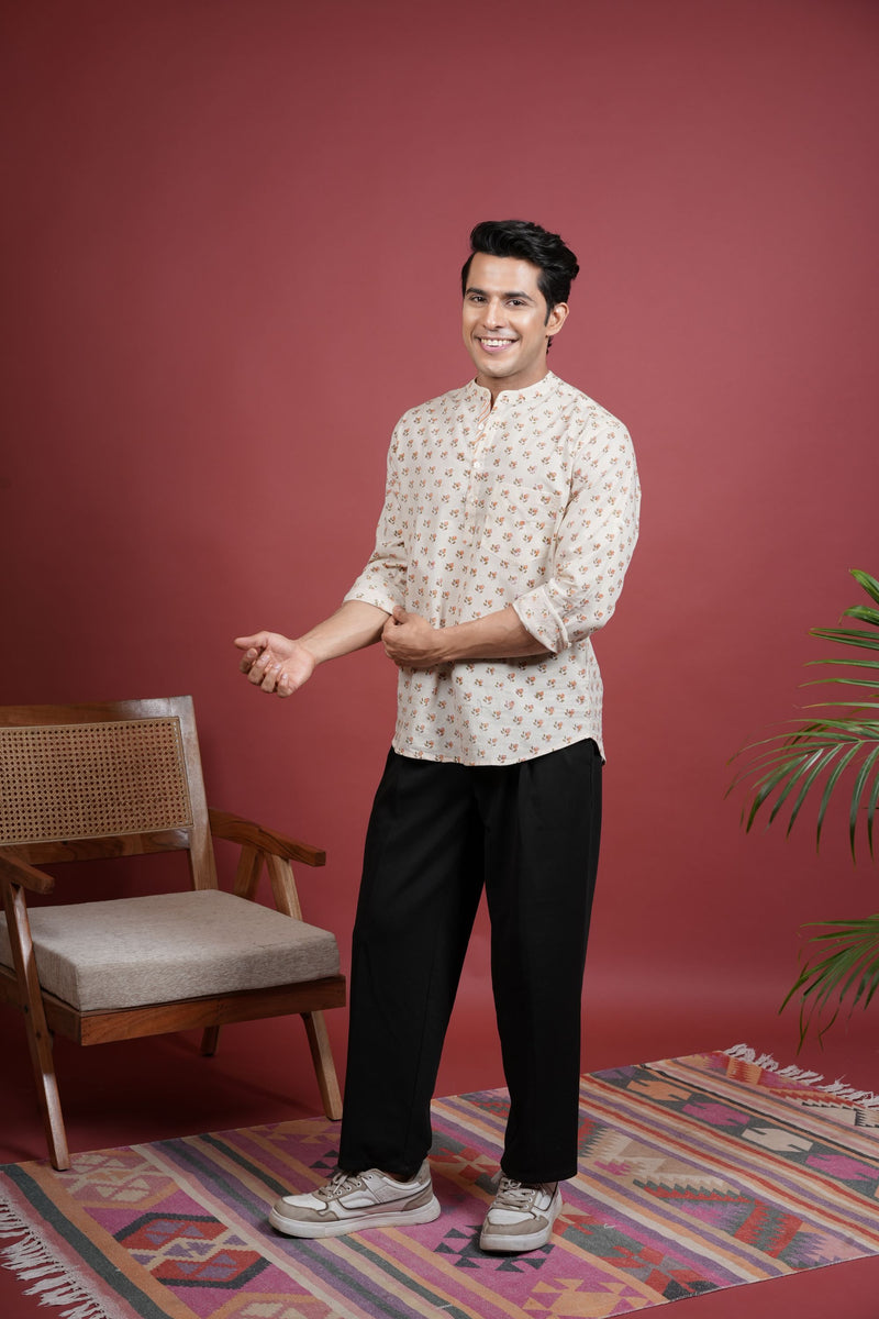 CREAM COTTON CHINESE HANDBLOCK SHIRT FOR MEN'S