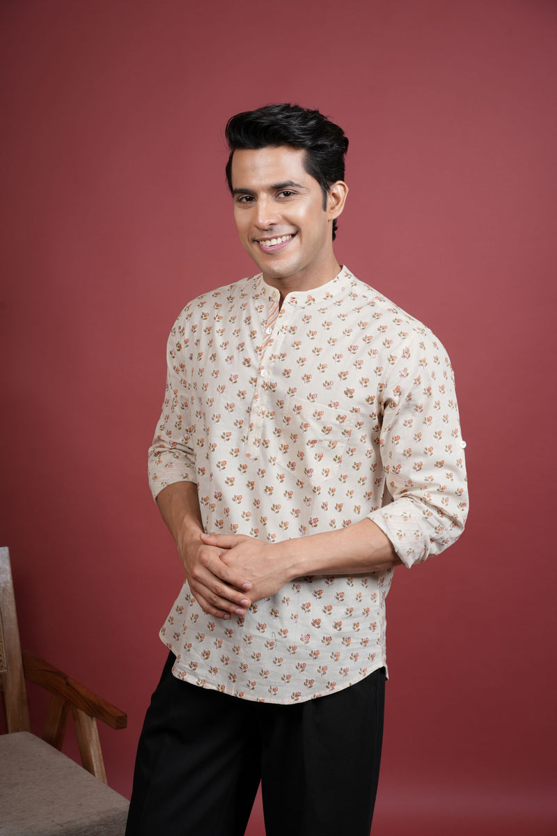 CREAM COTTON CHINESE HANDBLOCK SHIRT FOR MEN'S