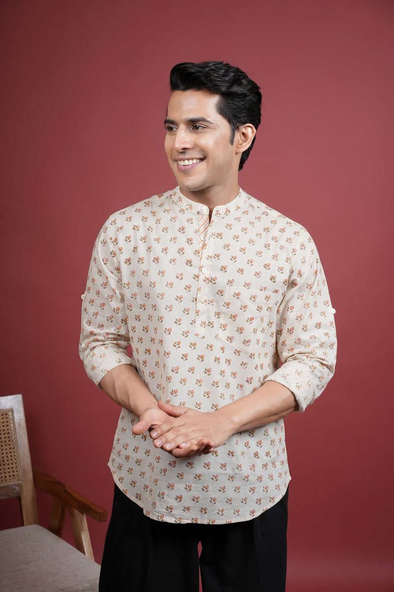 CREAM COTTON CHINESE HANDBLOCK SHIRT FOR MEN'S