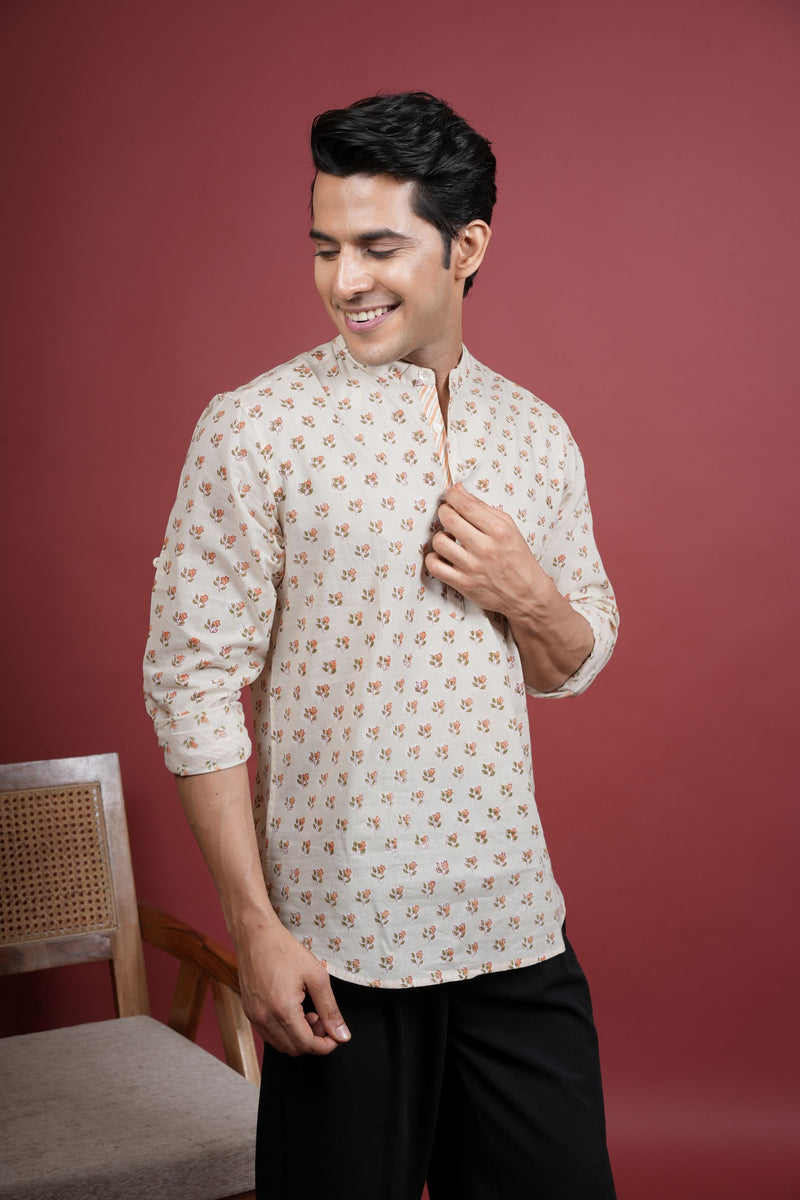 CREAM COTTON CHINESE HANDBLOCK SHIRT FOR MEN'S