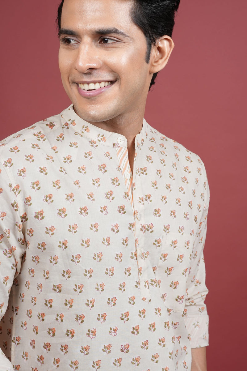 CREAM COTTON CHINESE HANDBLOCK SHIRT FOR MEN'S